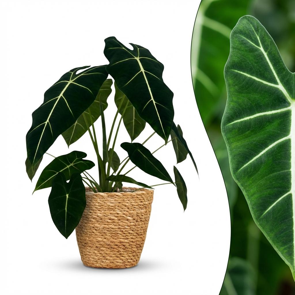 Olifantsoor (Alocasia Frydek) met Mand, detail van het blad