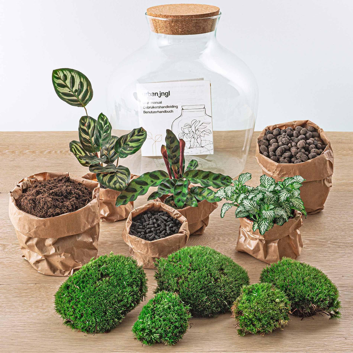 Detailfoto van DIY terrarium Fat Joe met licht, hark en schep