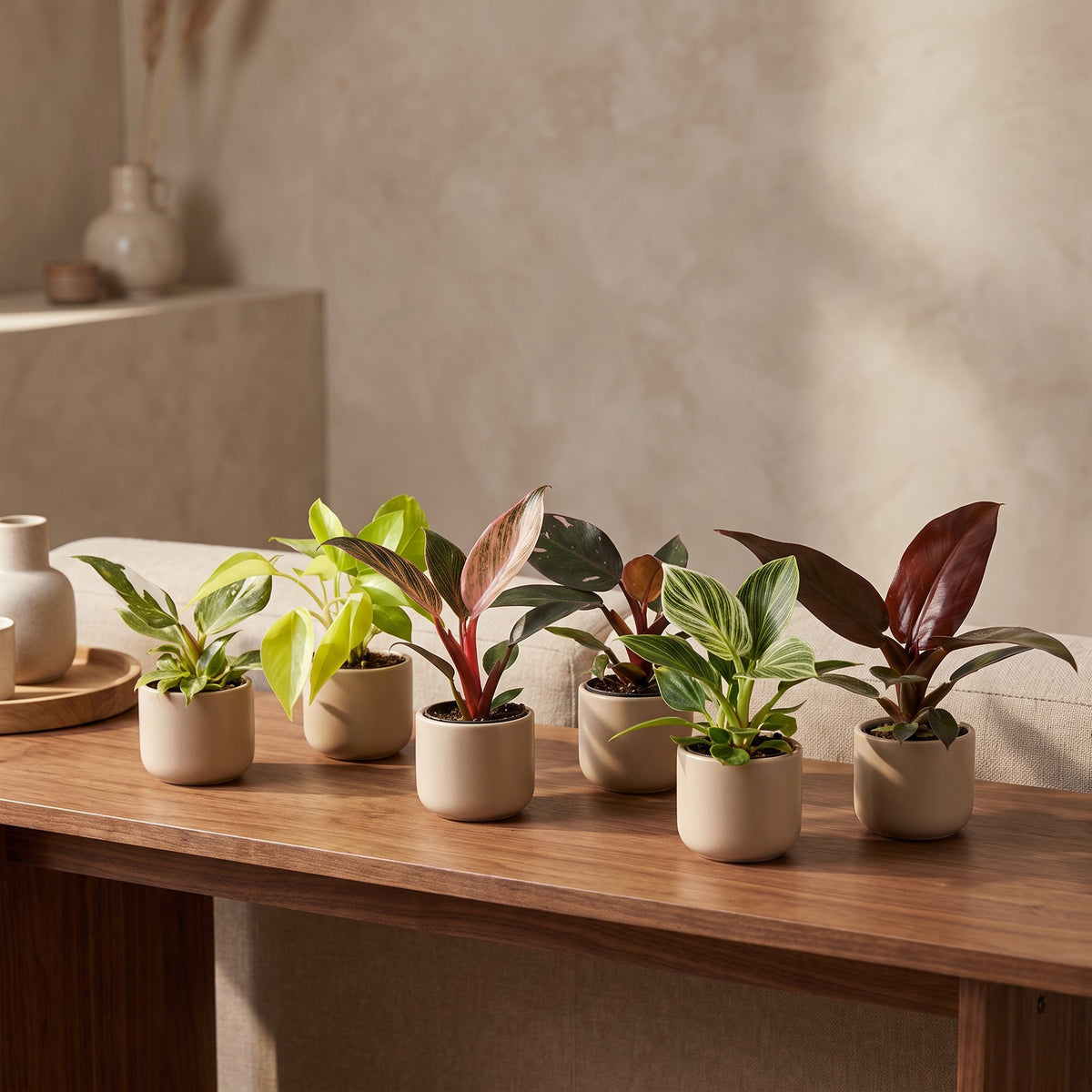 6x Baby Philodendron Family - Wit - Roze - Geel - Groen - Rood - Tropisch - Ø6cm - ↕10-15cm, kenmerkend blad