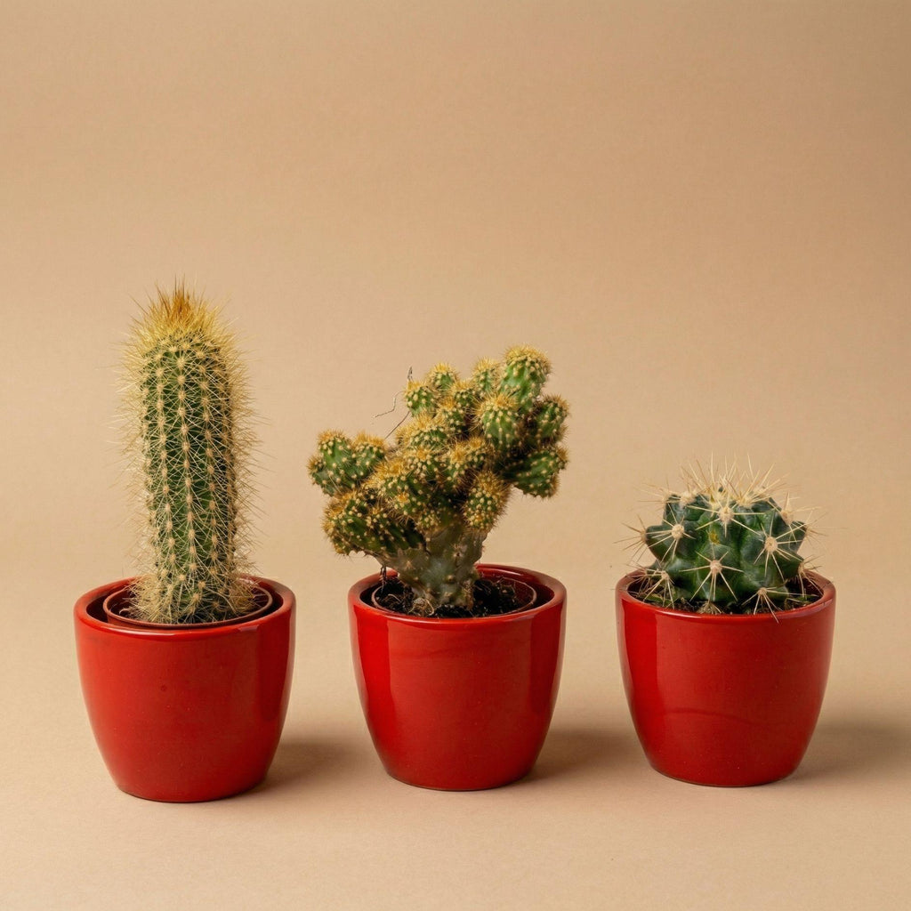 Cactussenset, 3 levende cactussen in rode mini-potjes, groene bladeren