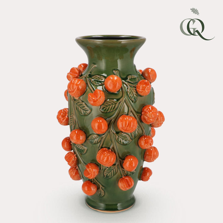Aardewerk vaas groen met mandarijntjes, maat M, H38 x B24 cm