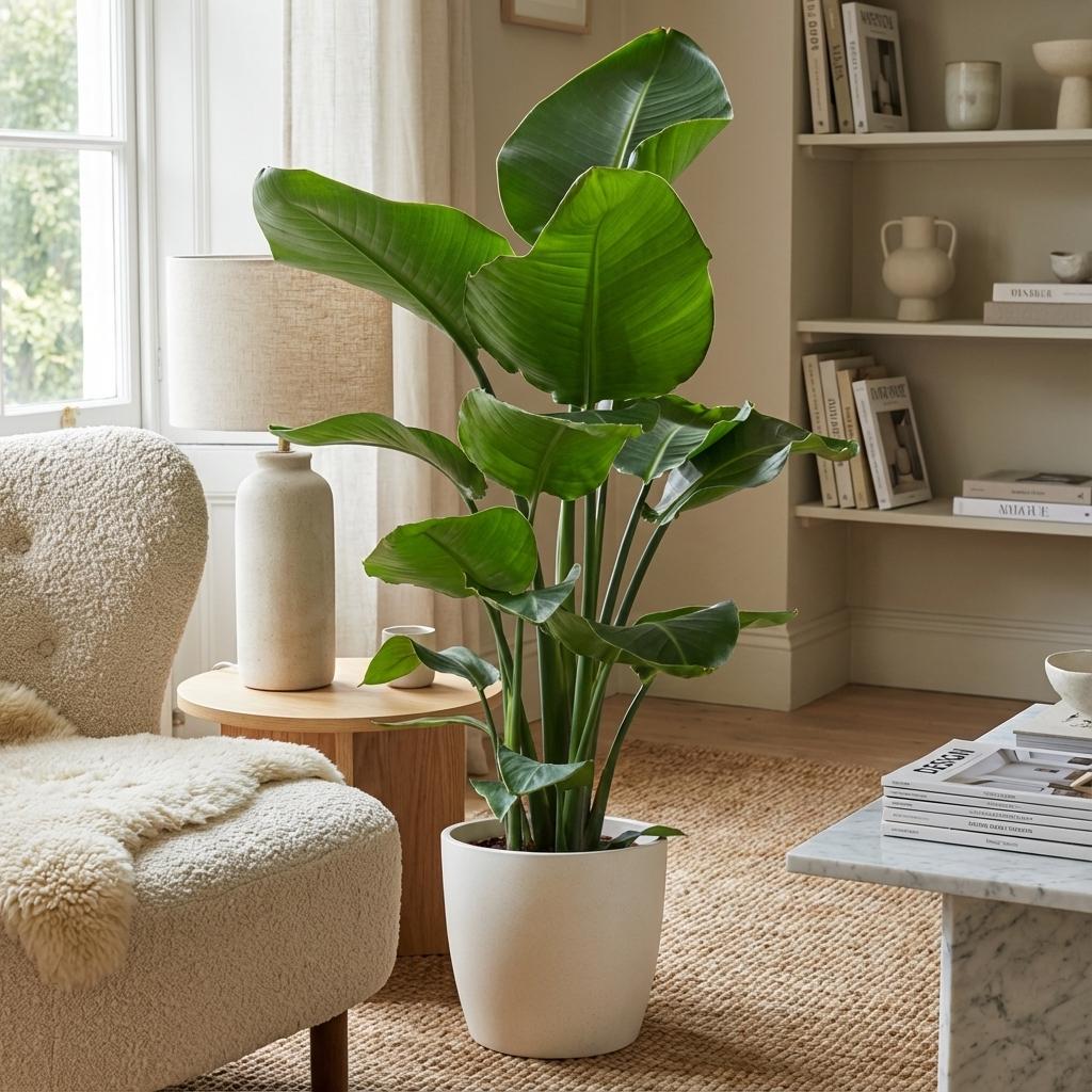 Strelitzia Nicolai met witte pot, plant in pot