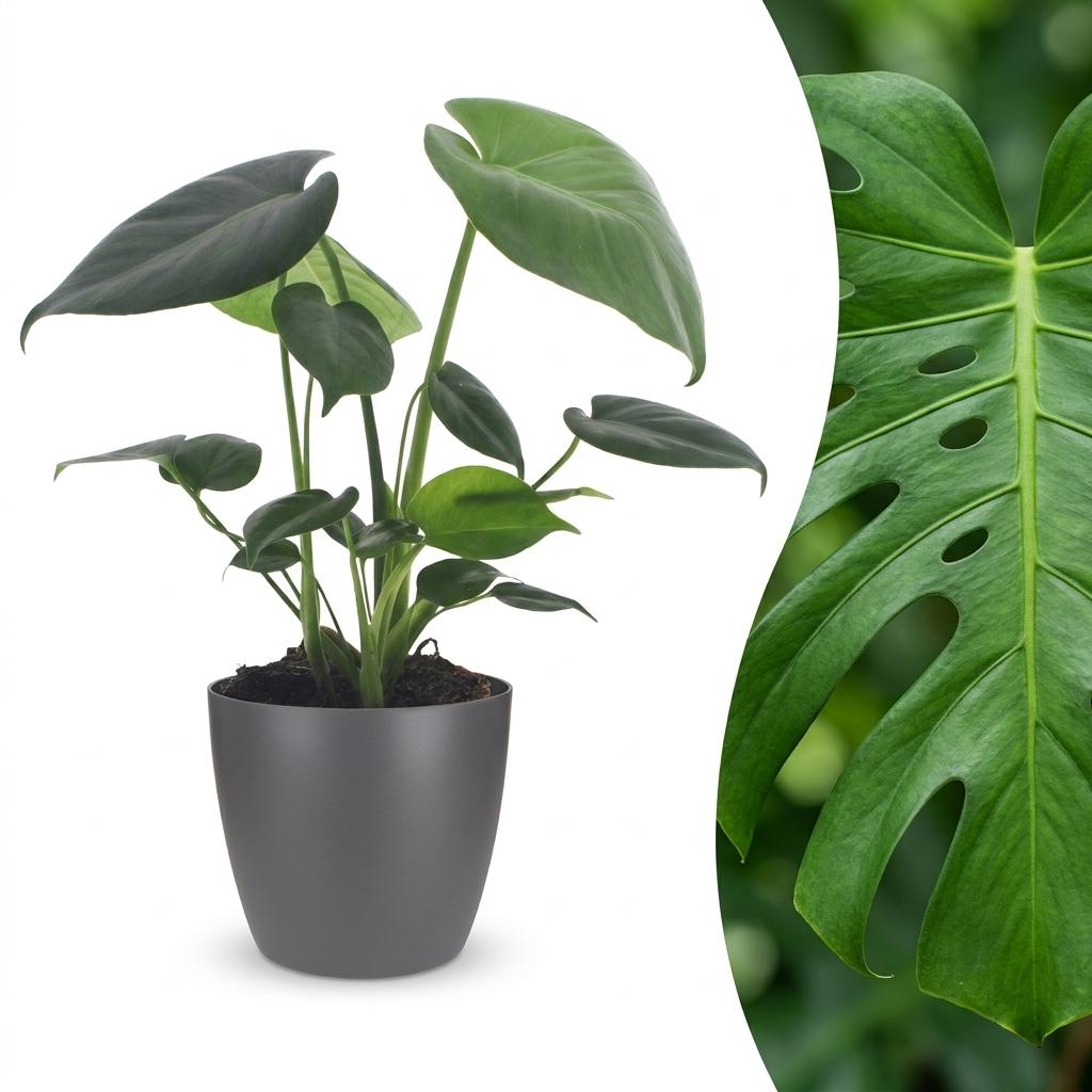 Monstera Deliciosa - Gatenplant met grijze pot, plant in pot