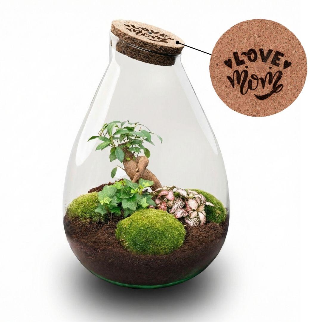 'Love Mom' terrarium Drop XL met gegraveerde kurk, kenmerkend blad
