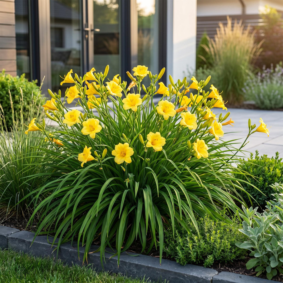 Daglelie Stella d'Oro, met gele bloemen, gezonde plant
