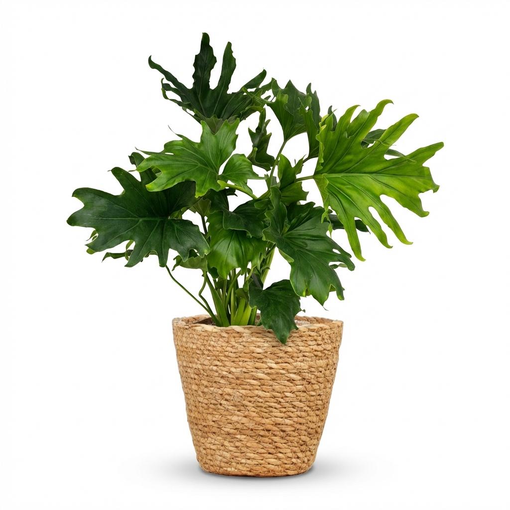 Philodendron Lickety Split met Mand, plant in pot