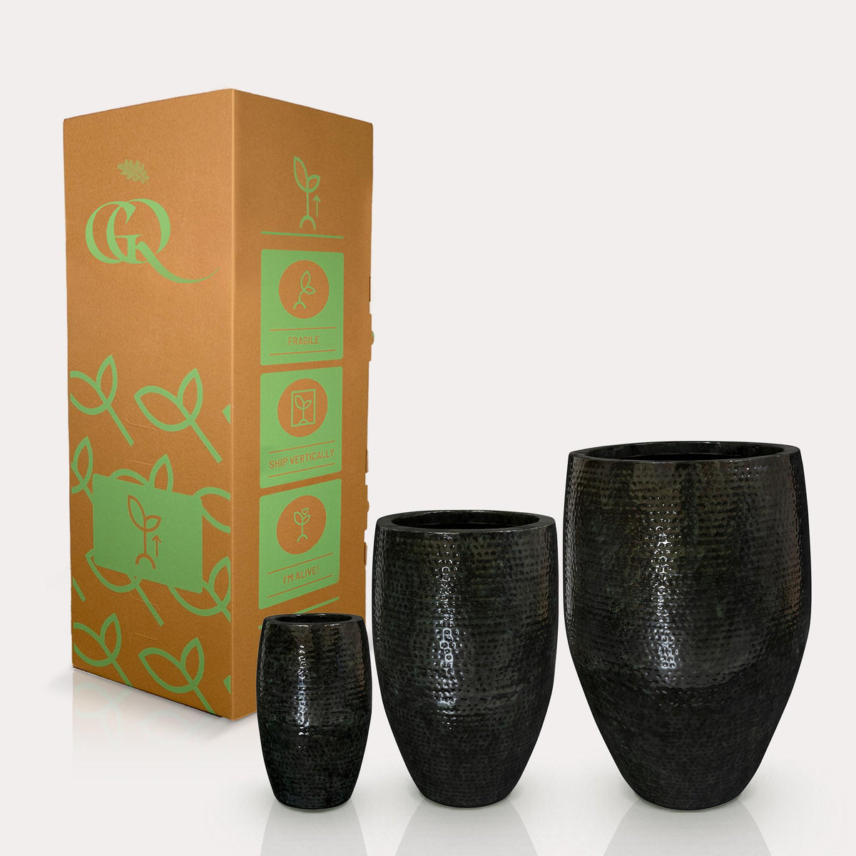 Set van 3 potten - Thom Zwart metaal - Hoog, groene bladeren