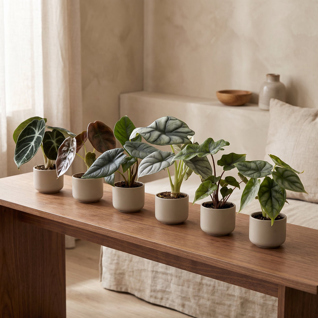 6x Baby Alocasia Familie - Rood - Groen - Zwart - Zilver - Grijs - Tropisch - Ø6cm - ↕12cm, kenmerkend blad