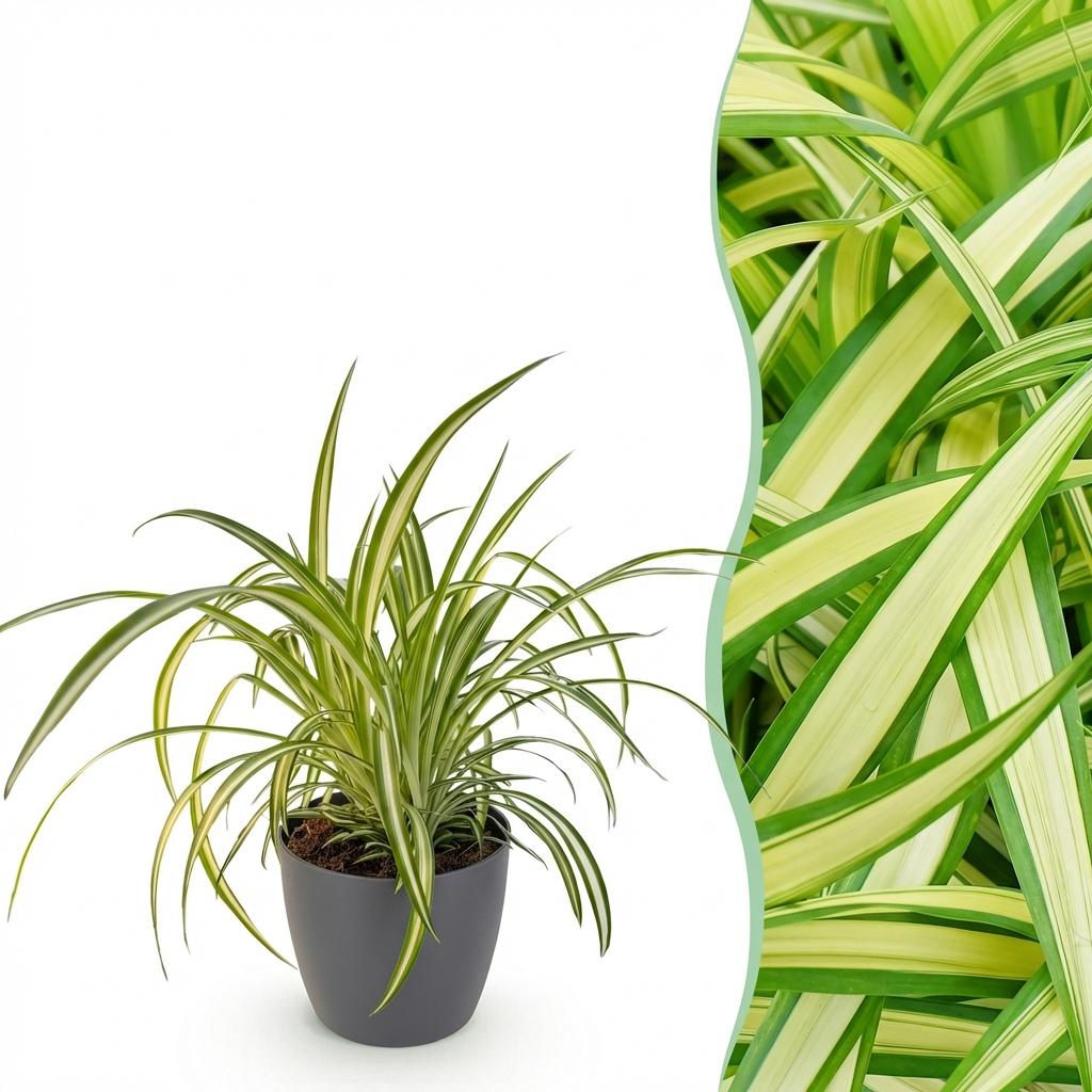 Chlorophytum comosum Variegatum met grijze pot, plant in pot