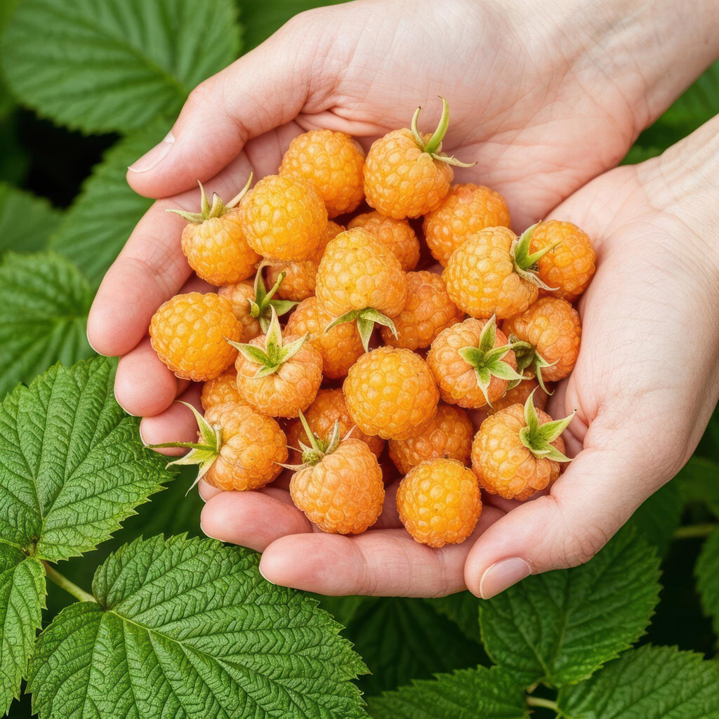 Framboos Rubus idaeus Fallgold, groene bladeren