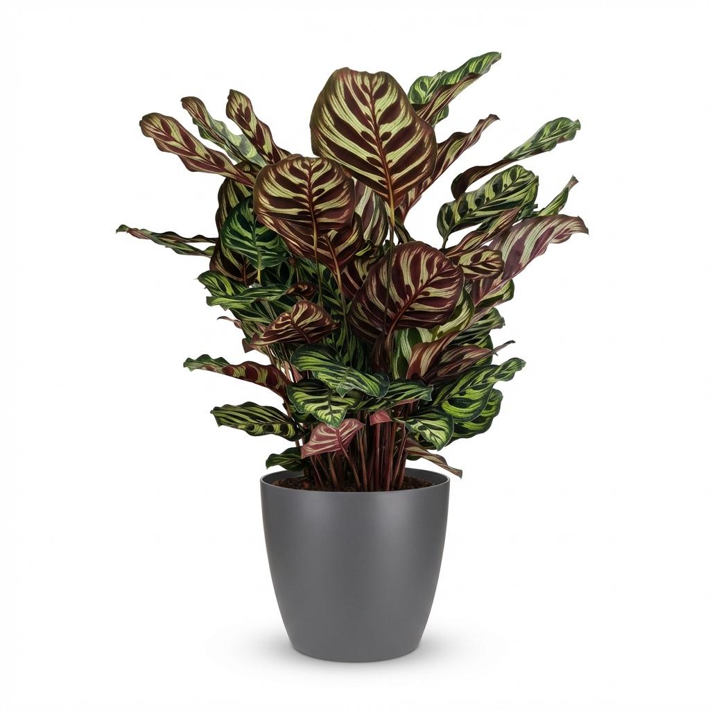 Pauwenplant (Calathea Makoyana) met grijze pot, plant in pot