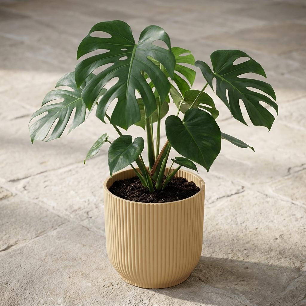 Elho Vibes Fold bloempot met ribbels, geel, Ø18 cm, plant in pot