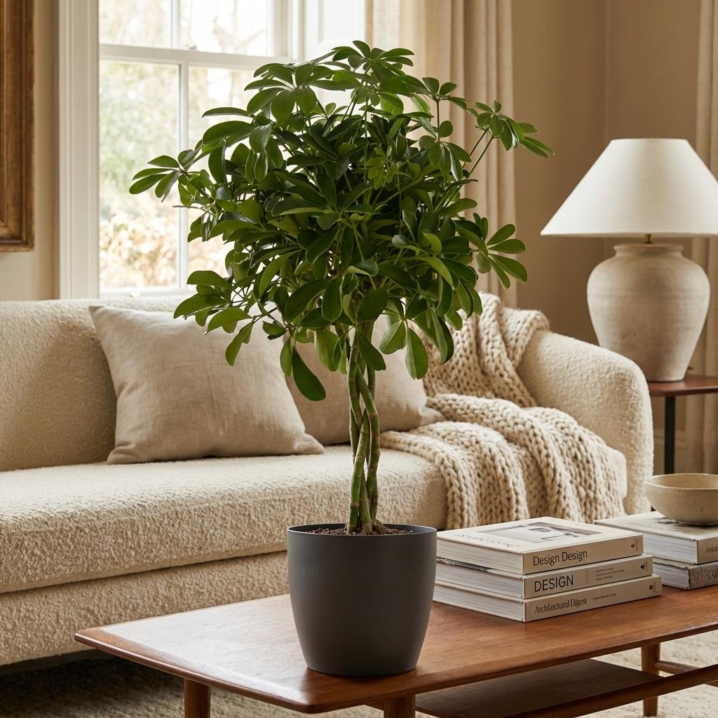 Schefflera Arab Nora met grijze pot, plant in pot