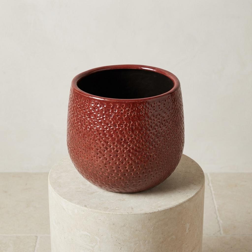 Pot Gabriel rond bordeaux, groene bladeren