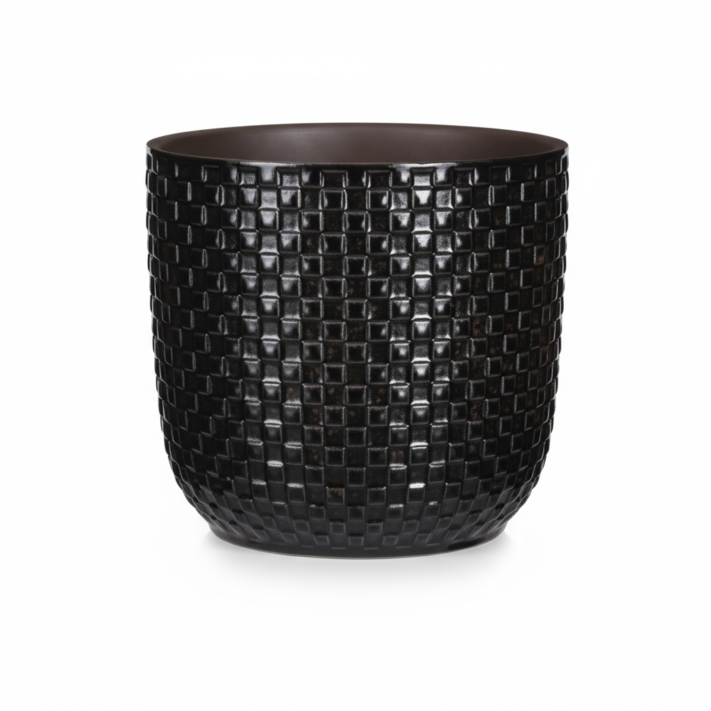 Plantenpot met reliëf, keramiek in matzwart, Ø13,5 cm, groeiwijze van de plant