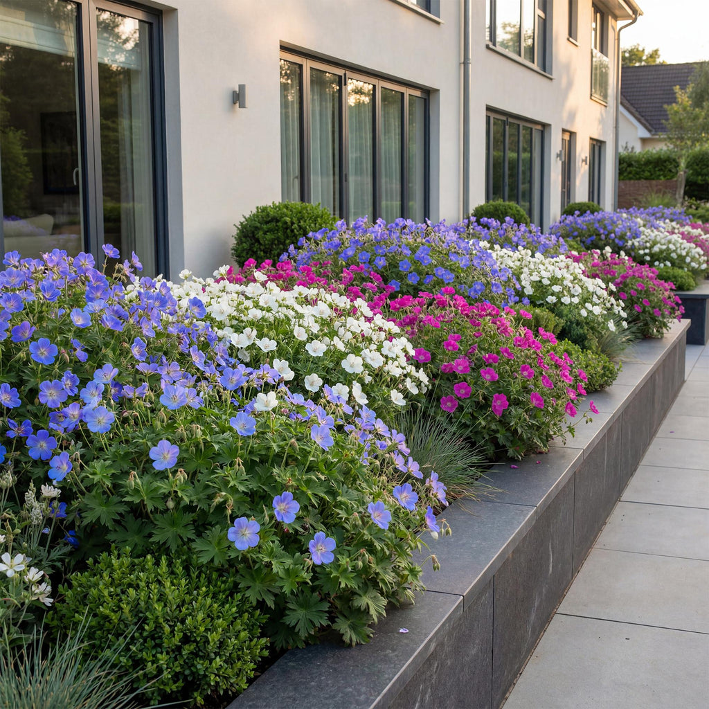 Ooievaarsbek Tricolour, met paarse, roze en witte bloemen, compacte plant