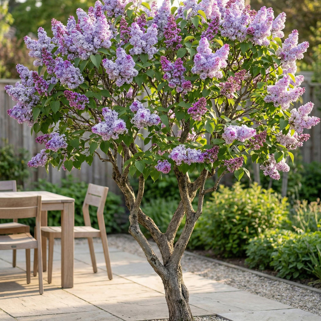 Gewone sering Michel Buchner, heester met roze bloemen, gezonde plant