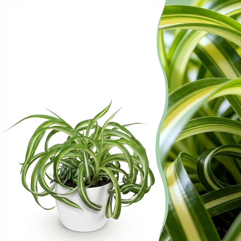 Chlorophytum comosum Bonnie met witte pot, detail van het blad