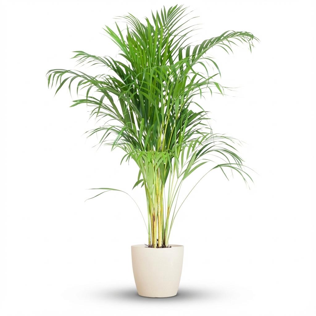 Areca Palm (Dypsis) met witte pot, detail van het blad