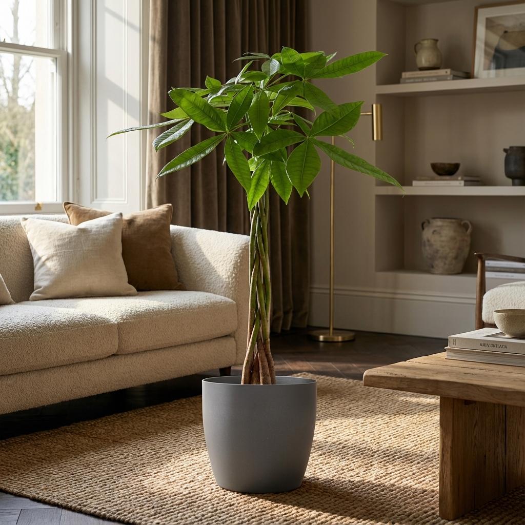 Pachira Aquatica met grijze pot, kenmerkend blad