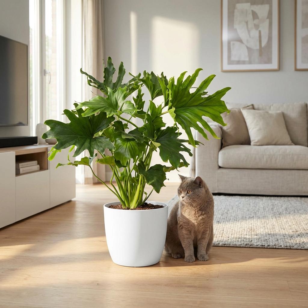 Philodendron Lickety split met witte pot, plant in pot