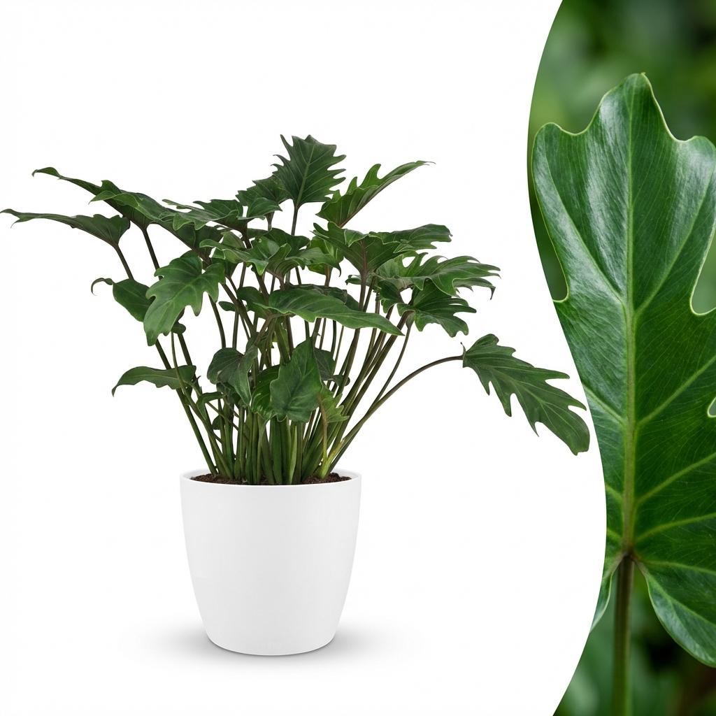 Philodendron Xanadu met witte pot, detail van het blad