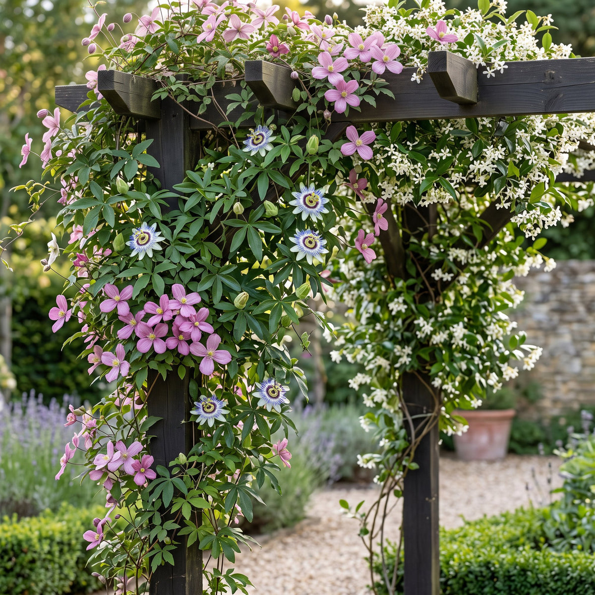 Klimplanten tricolor mix, bergclematis, passiebloem en sterjasmijn, groene bladeren