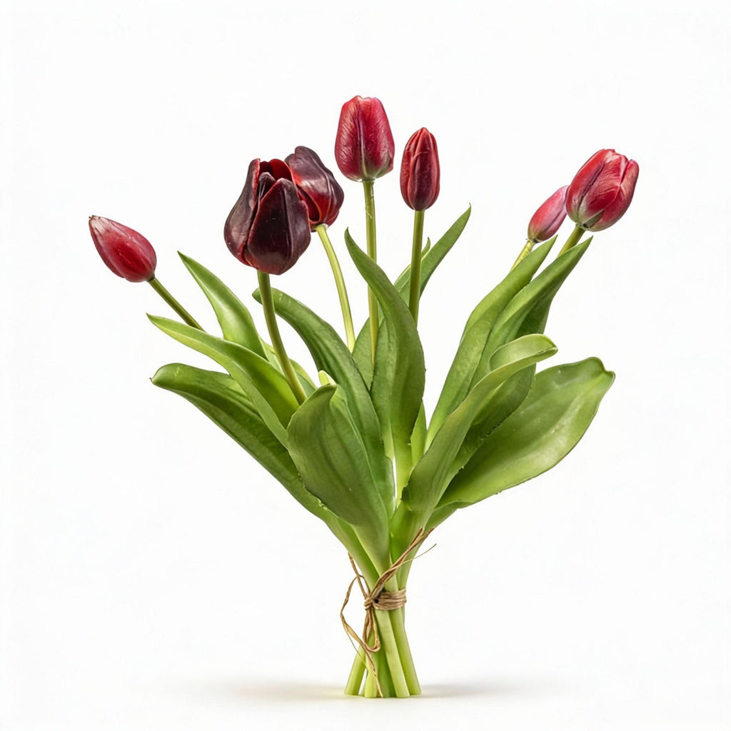Kunsttulpen boeket Real Touch, diep rood, 42 cm, 7 stelen, kenmerkend blad
