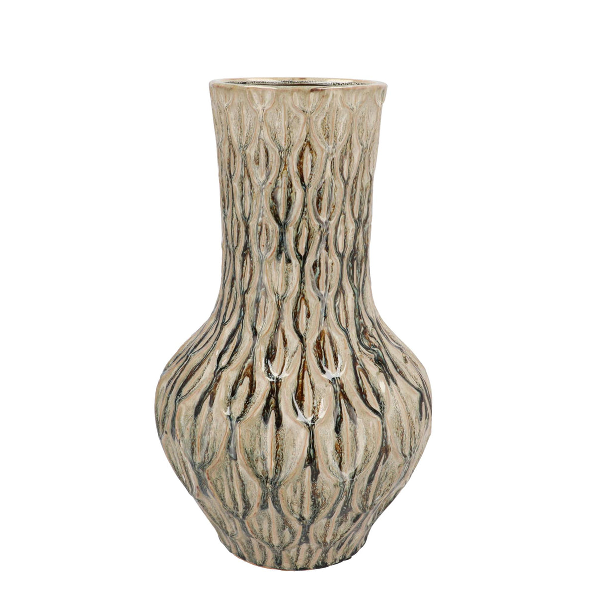 Aardewerk vaas Boa in groen, maat M, H39 x B23 cm, groene bladeren
