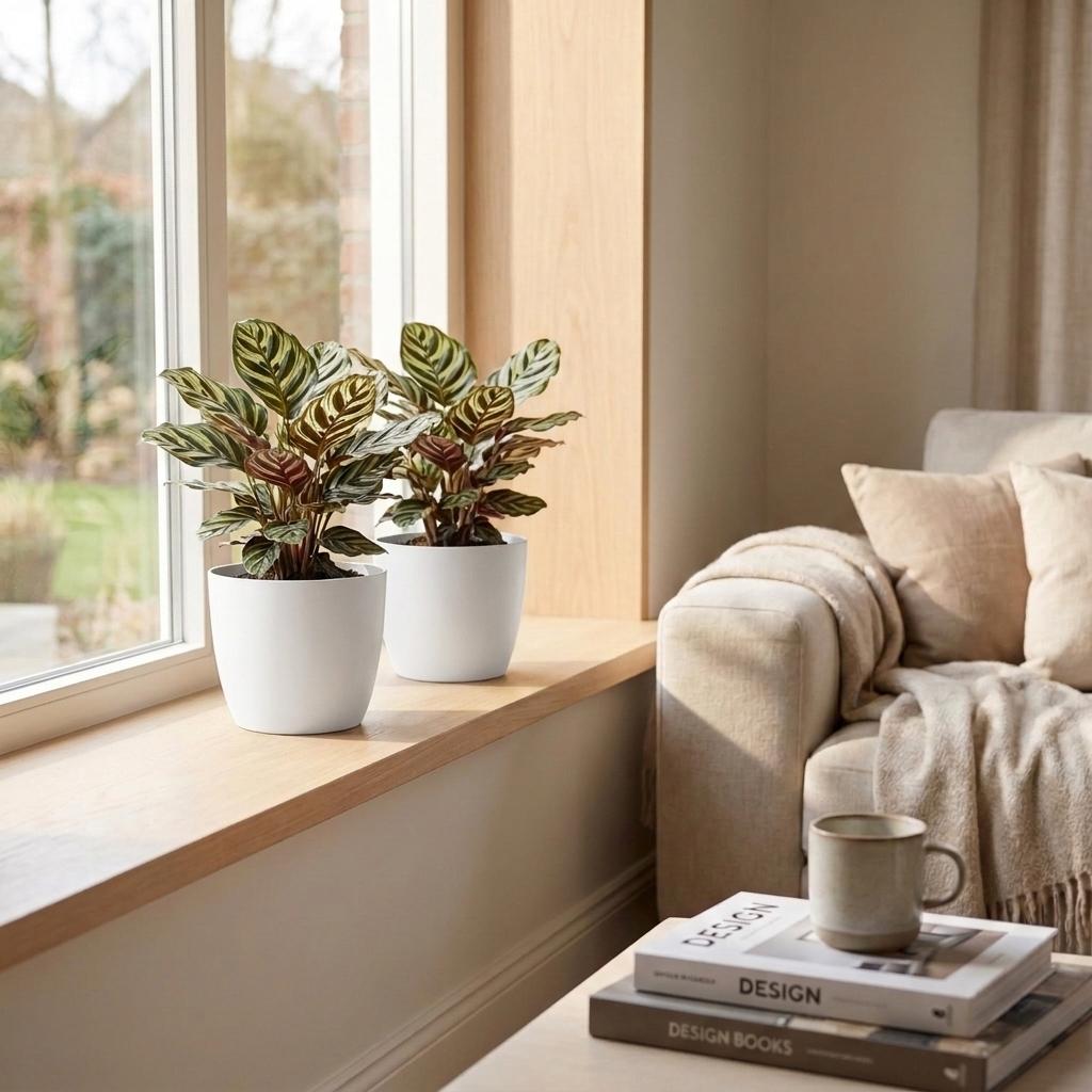 Calathea Makoyana - Pauwenplant met witte pot, kenmerkend blad