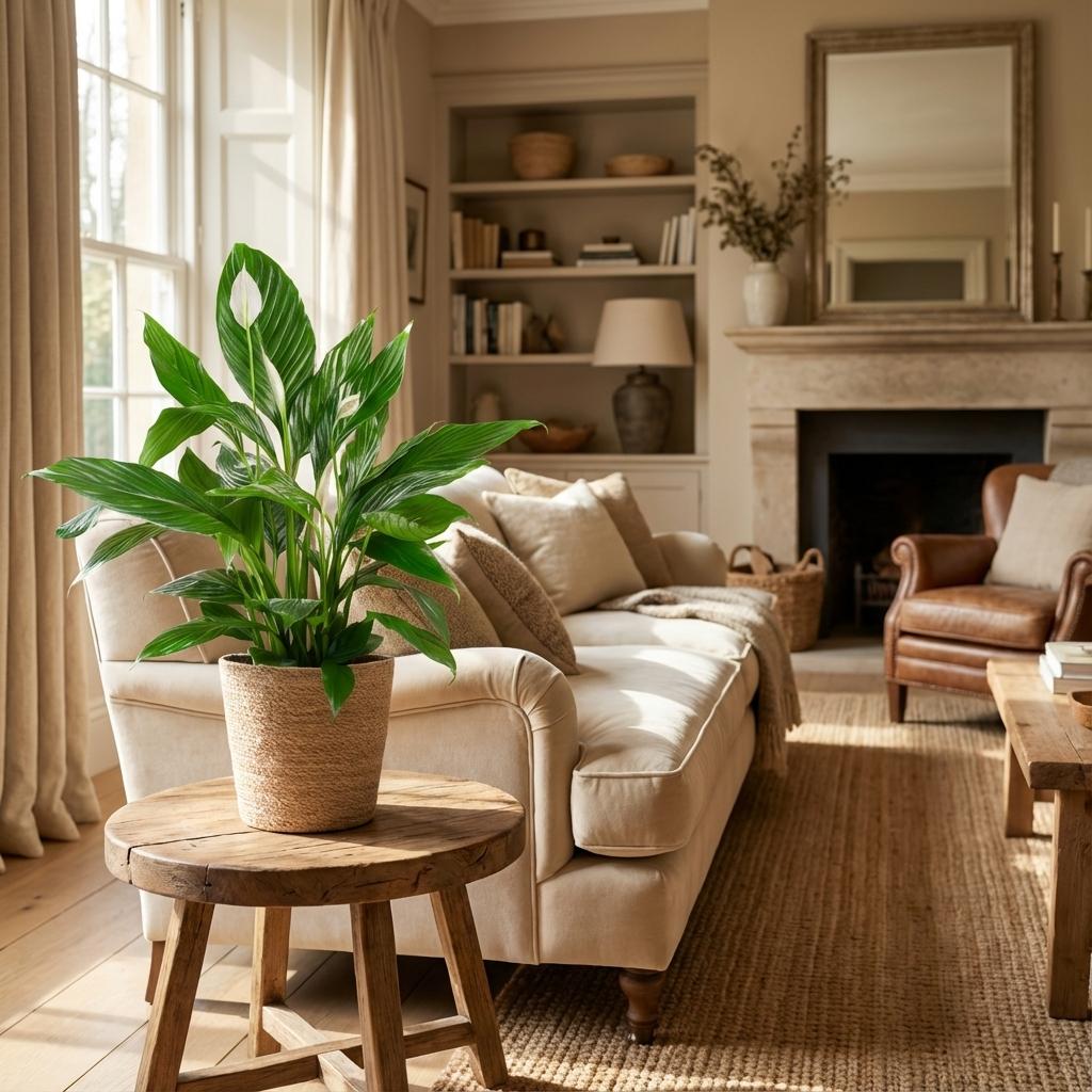 Spathiphyllum met Mand Zeegras naturel, plant in pot