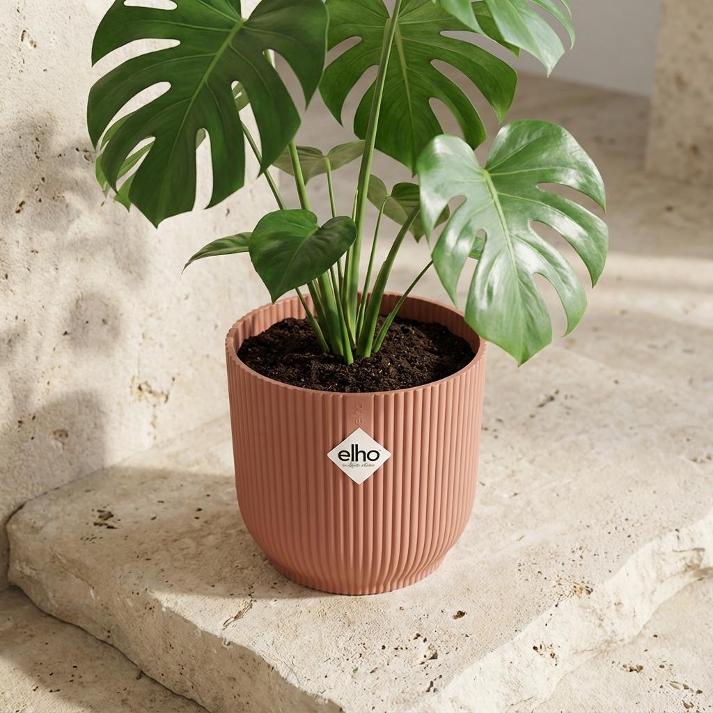 Elho Vibes Fold bloempot met ribbels, roze, Ø14 cm, kenmerkend blad