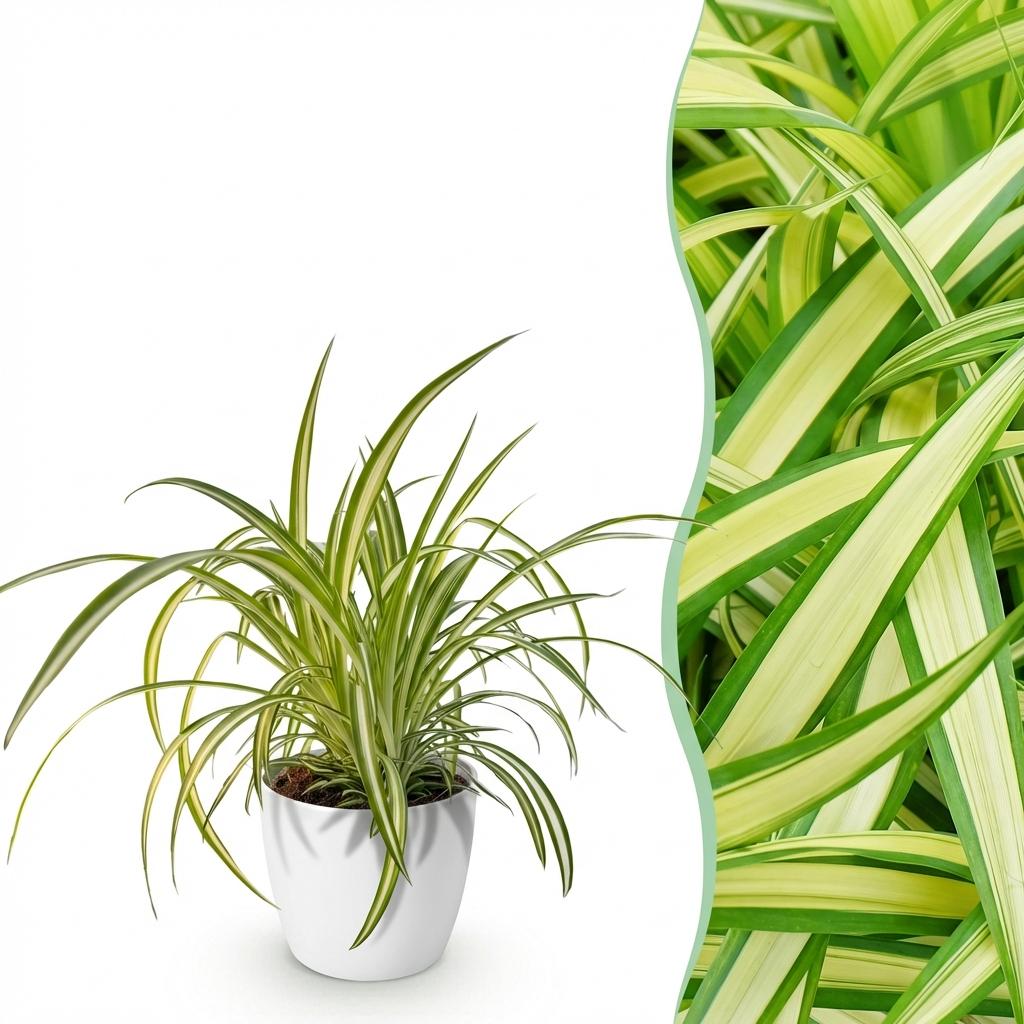 Chlorophytum comosum Variegatum met witte pot, plant in pot