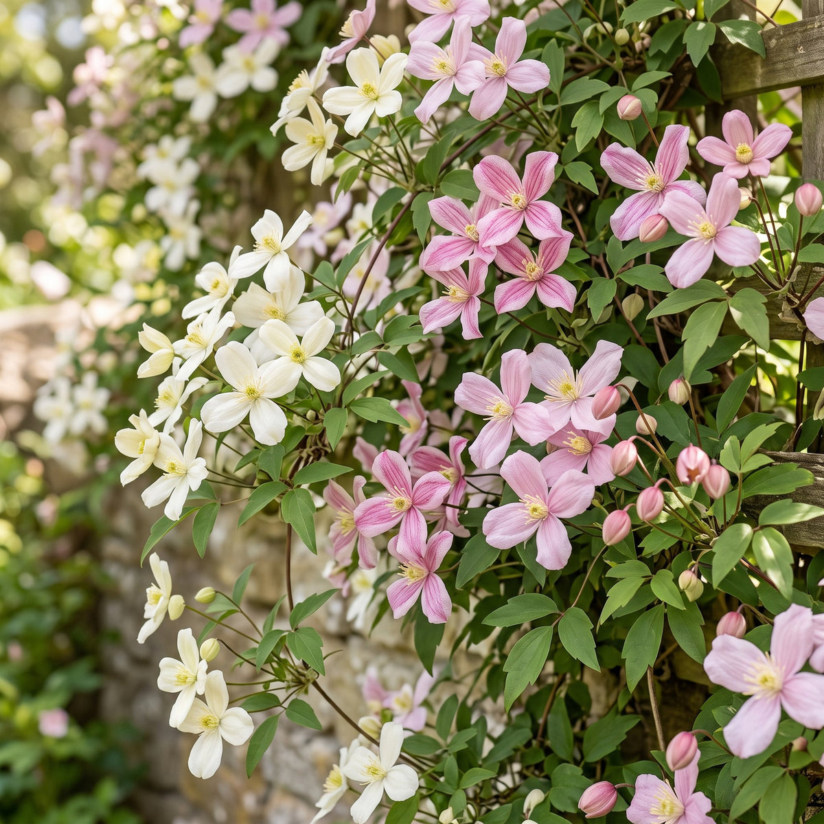 Bergclematis Clematis montana mix, wit en roze, groeiwijze van de plant
