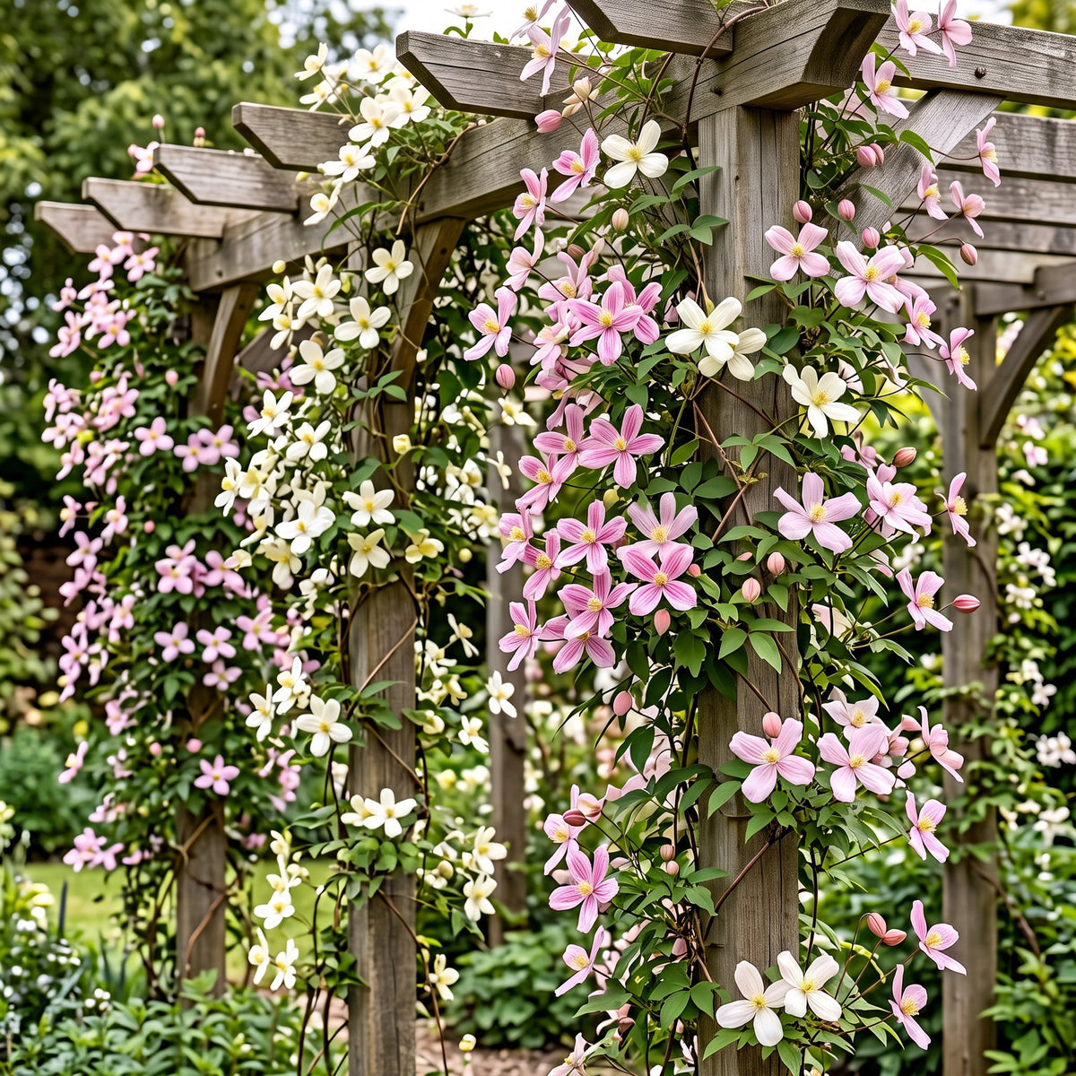 Bergclematis Clematis montana mix, wit en roze, groene bladeren