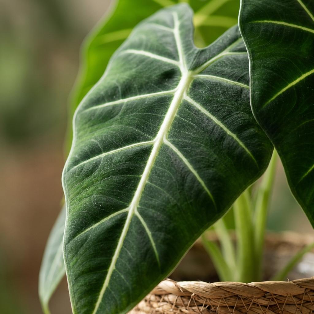 Olifantsoor (Alocasia Frydek) met Mand, groene bladeren