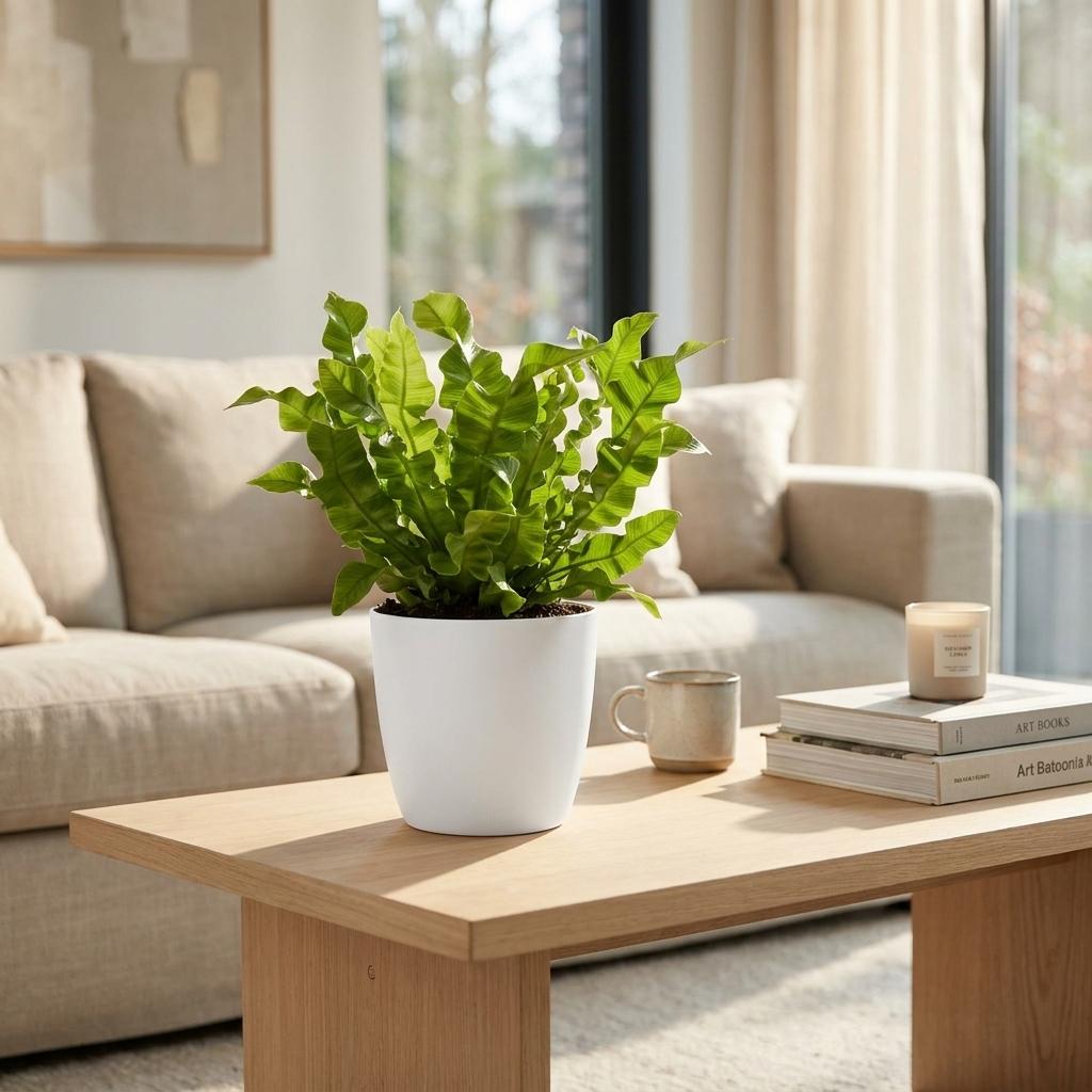 Asplenium Crispy Wave met witte pot, plant in pot