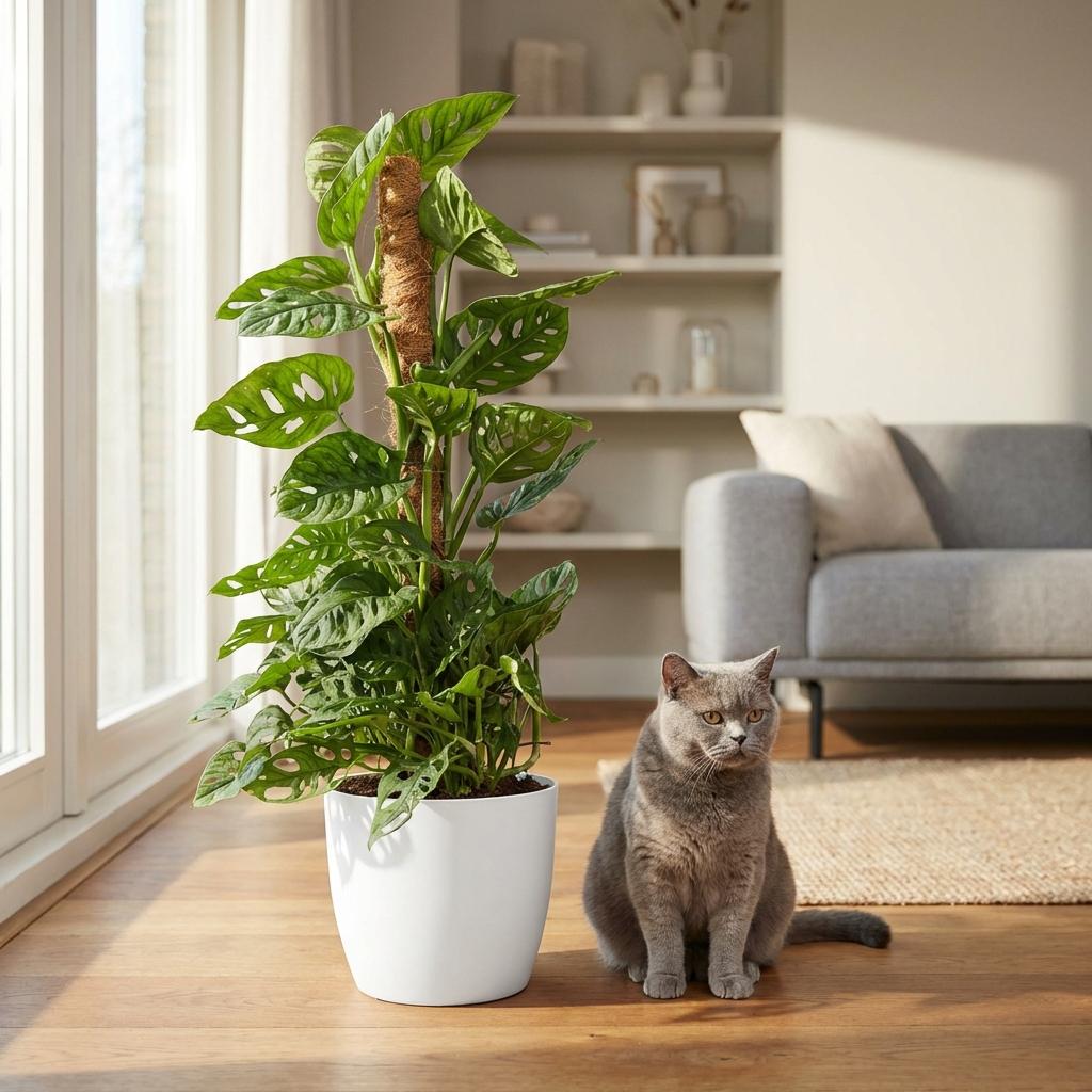 Monkey Mask (Monstera Adansonii Mosstok) met witte pot, groene bladeren