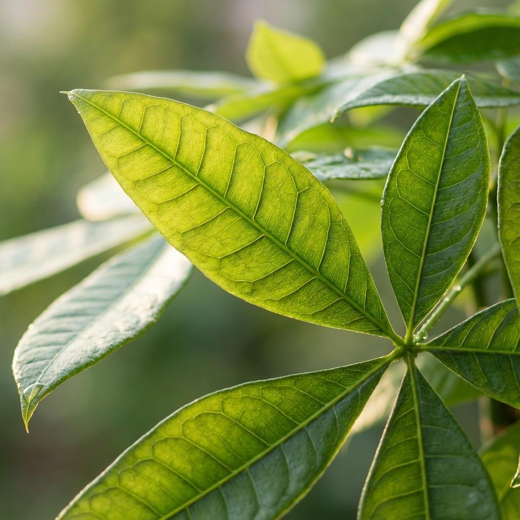 Pachira Aquatica met Zeegras mand naturel, groene bladeren