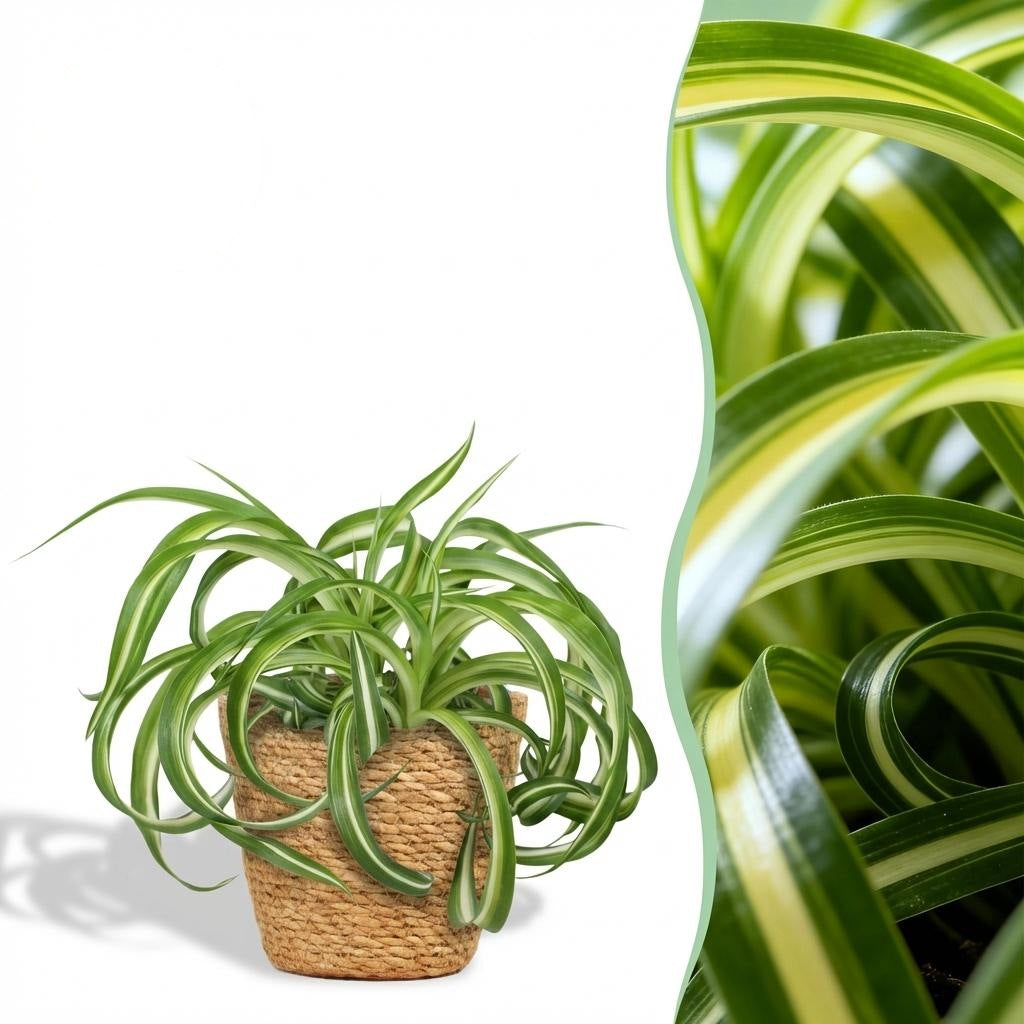 Chlorophytum comosum Bonnie met mand, detail van het blad