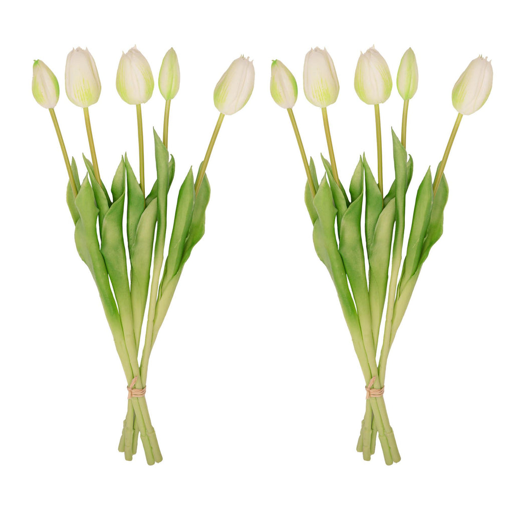 Vaas Lady Sunny van aardewerk met 10 wit-groene kunsttulpen, groene bladeren