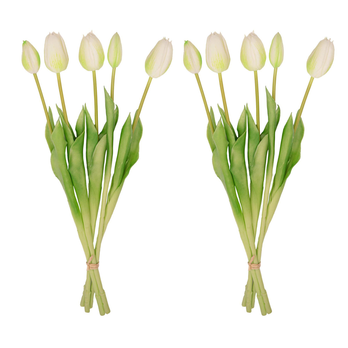 Vaas Lady Sunny van aardewerk met 10 wit-groene kunsttulpen, groene bladeren