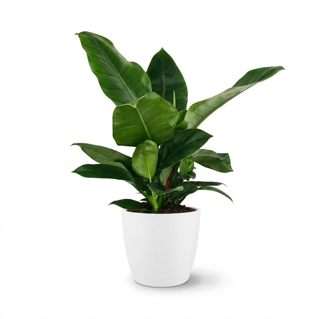 Philodendron Imperial Green met witte pot, plant in pot