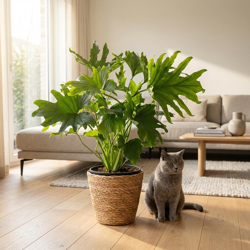 Philodendron Lickety Split met Mand, kenmerkend blad