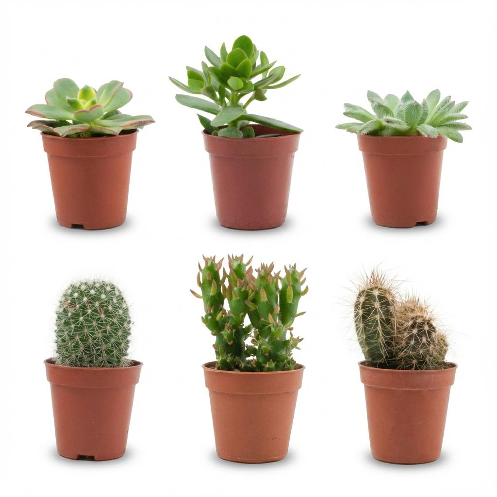 Mix van Echte Cactussen en Vetplanten - 6 Stuks - Ø, groene bladeren