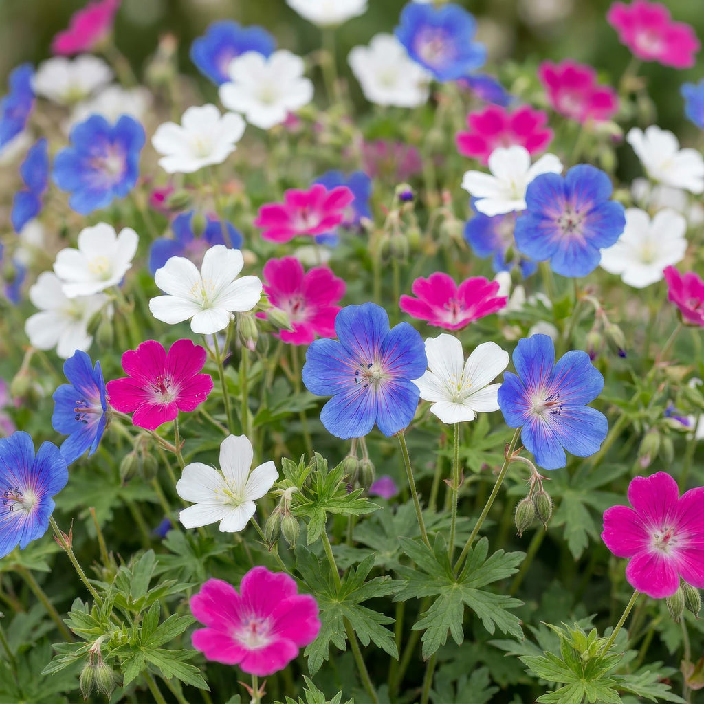 Ooievaarsbek Tricolour, met paarse, roze en witte bloemen, sterke plant