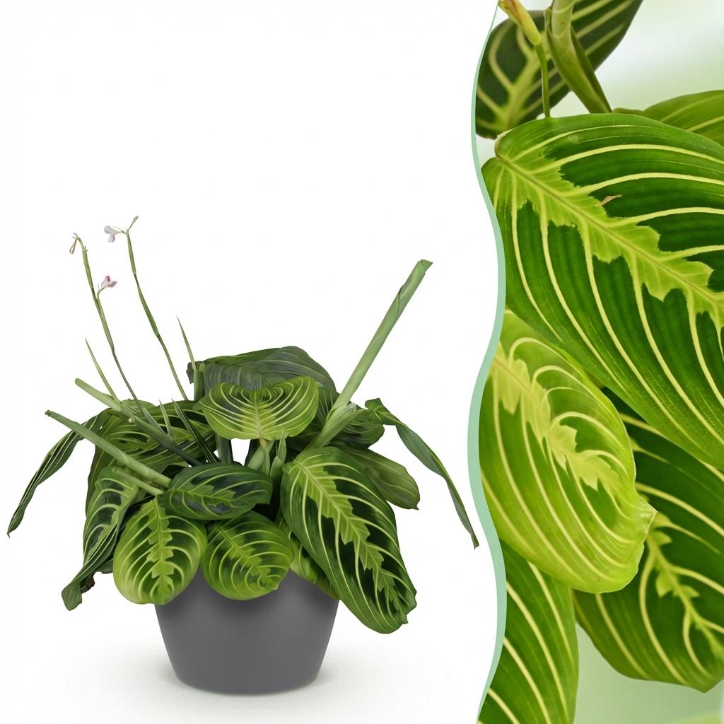 Maranta Fascinator Lemon Lime met grijze pot, detail van het blad