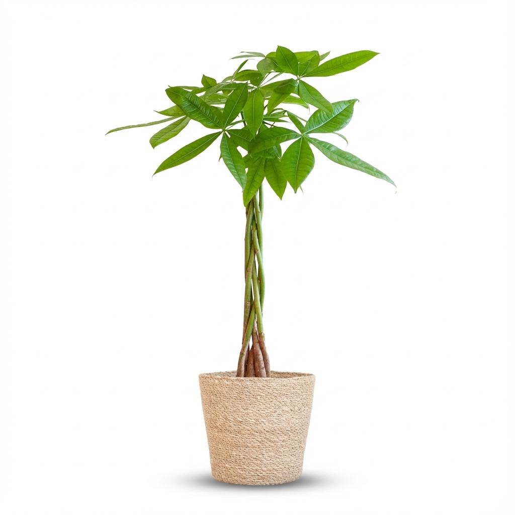 Pachira Aquatica met Zeegras mand naturel, detail van het blad