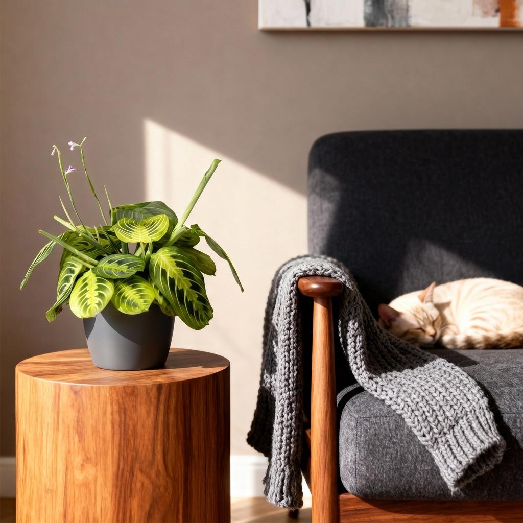 Maranta Fascinator Lemon Lime met grijze pot, plant in pot