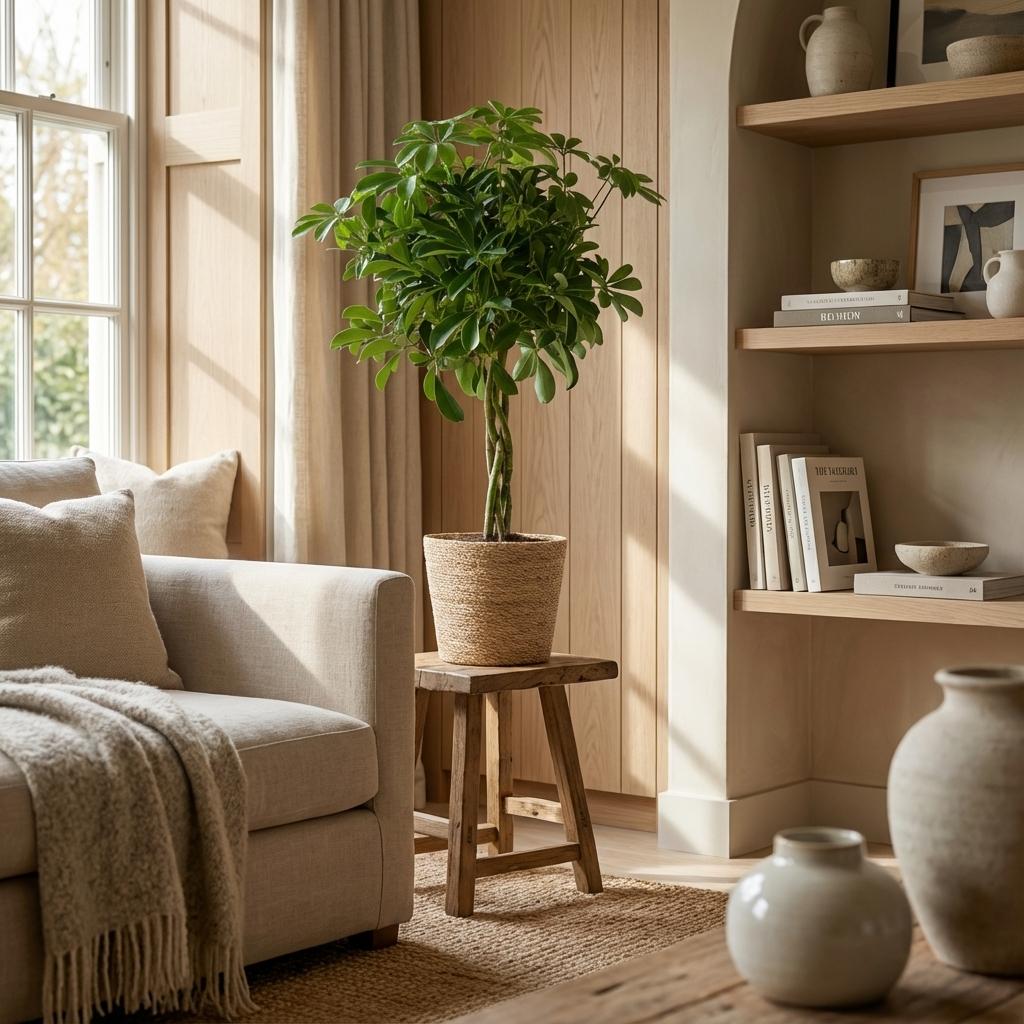 Schefflera Arab Nora met Mand Zeegras naturel, plant in pot
